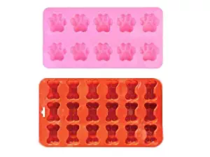 PopBlossom 2 Pack Combo Silicone Molds Trays with Puppy Mini Dog Paw and Mini Bone Shape, Homemade Dog Treats, Baking Chocolate Candy, Oven Microwave Freezer Safe