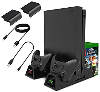 Lictin Xbox One Cooling Vertical Stand - Dual Controller Charging Docking Station for Xbox One/ Xbox One S /Xbox One X Console with 2 Pack 600mAh Batteries and 2pcs Charging Cables