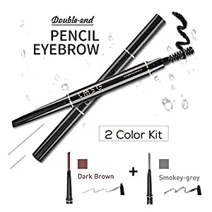 2 Pack Waterproof Eye brow Pencil with Brush Anti-sweat Color Replaceable Automatic Brow Liner Makeup Stylist for Women (dark brown+grey)