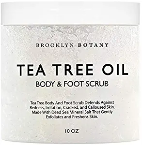 Tea Tree Oil Body Scrub and Foot Scrub 10 oz - Exfoliating & Moisturizing Salt Scrub - Best Exfoliating Cleanser for Skin - Natural Help Against Oily Skin and Callus - Brooklyn Botany