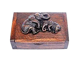 Design by UnseenThailand Vintage Thai Teak Wood Box With Elephants 100% Handmade (Wooden Elephant)
