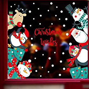 DKTIE Cartoon Christmas Wall Stickers for Window Showcase Removable Santa Clause Snowman Home Decor Adhesive PVC New Year Glass Decal Size 15.7In.by 23.6In.