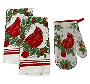Mainstream Christmas Themed Kitchen Dish Towels and Oven Mitt Set, 3-Piece (Red Cardinal Holly Ivy)
