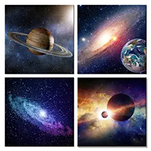 Wieco Art Giclee Canvas Prints Wall Art Space Pictures for Bedroom Home Decorations Universal Magic Power Modern 4 Panels Contemporary Star Sky Pictures Astronomy Artwork