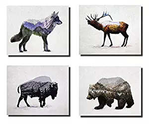 Gango Home Decor Rustic Elk, Bison, Wolf and Bear Landscape Set; Cabin Lodge Decor; Four 10x8in Unframed Poster Print