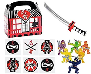 144 pc Ninja Warrior Kid's Party Favor Bundle Pack (12 Treat Boxes, 12 Inflatable Swords, 48 mini figures toys, 72 tattoos)