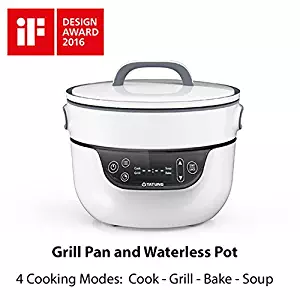 Tatung TSB-3016EA Fusion Cooker Grill Pan & Waterless Pot-4 Cooking Modes, Soup, Bake & Waterless Cook, 9" Grill Pan & 2.8 Qt Waterless pot, White