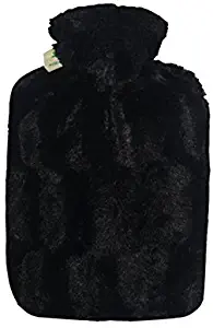 Hot Water Bottle with Cover - Hot Cold Pack Made of Burst Resistant Thermoplastic with Fleece Sleeve Helps Relieve Muscle Aches & Pains, Menstrual Cramps, Flu Symptoms (1.8 L Faux Fur, Black)