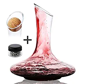 DRAGONN Luxury Wine Decanter - 100% Hand Blown Lead-free Crystal Glass Wine Carafe – Bonus Cork Stopper & Steel Cleaning Beads Accessories