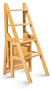 QS Solid Wood Multifunction Ladder Chair Home Kitchen Dual-use Folding Stairs Chair Moveable 4 Steps Ladder Ascending Stool,Wood Color