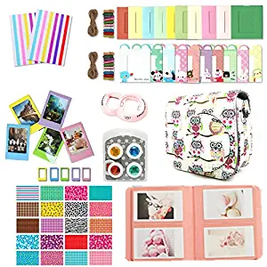 CLOVER 9 in 1 Accessory Bundle Set for Fujifilm Instax Mini 8 9 Camera : Owl Case Bag + Album + Close-up Lens + Color Filter + Sticker Borders + Wall Hang Frame + Film Frame + Corner Sticker (Pink)