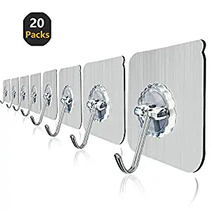 Wall Hooks 20lb(Max) Transparent Adhesive Hooks Heavy Duty Reusable Hanging Hooks, Waterproof and Oilproof, Bathroom Kitchen Antirust Stainless Hooks (20 Pack)