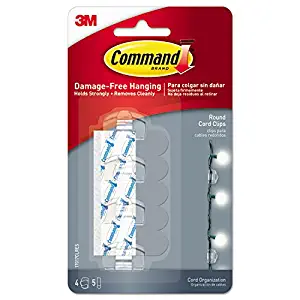 3M Command 17017CLRES Cord Clip, Round, 3/4-Inch W, w/Adhesive, Clear, 4/Pack