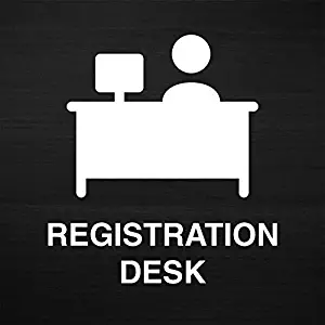 iCandy Products Inc Registration Desk, Front Desk Hotel Business Office Building Sign 9x9 Inches, Dark Wood, Plastic