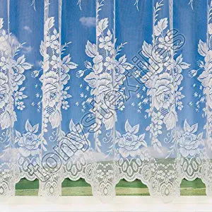 Mirabel - White Sheer Lace Net Curtain Panel with Rod Pocket - Sold by The Meter - 42" Drop Roses Design