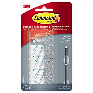 3M Command 17301CLRES Cord Clip, Medium, 5/8-Inch W, w/Adhesive, Clear, 4/Pack