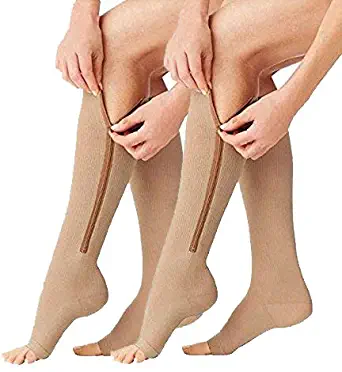 2 Pairs Compression Socks Toe Open Leg Support Stocking Knee High Socks with Zipper