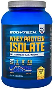 BodyTech Whey Protein Isolate Powder with 25 Grams of Protein per Serving BCAA's Ideal for PostWorkout Muscle Building Growth, Contains Milk Soy Strawberry Banana (3 Pound)