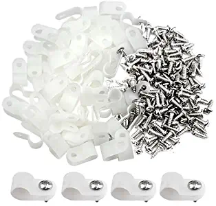 XLX 100pcs White Nylon R-Type Cable Clamp Fastener for 1/8 Inch (3.2mm) Dia Wire Tube Plastic Wire Cord Clip Fixer with 100 Pack Screws for Wire Management