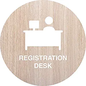 iCandy Products Inc Registration Front Desk Hotel Business Office Building Sign 12 Inches Round, White Oak, Metal