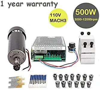 CNC Spindle Kit 500W Air Cooled 0.5kw Milling Motor + Spindle Speed Power Converter + 52mm Clamp + 13pcs ER11 Collet + 10pcs CNC Bits for DIY Engraving