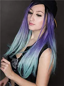 Imstyle Colored Lace Front Wig Long Straight Dark Root Purple Blue 3 Tone Hair Cosplay Stunning Synthetic Lace Front Wig for Women 24 Inch