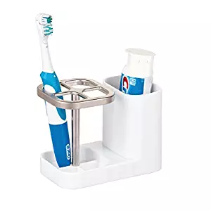 mDesign Bathroom Vanity Countertop Toothpaste & Toothbrush Holder Stand with Cup/Dental Center, Holds Electric Toothbrushes - BPA Free - White/Satin