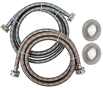 Premium Stainless Steel Washing Machine Hoses, 6 Ft Burst Proof (2 Pack) Red and Blue Hot Cold Striped Water Connection Inlet Supply Lines - Lead Free, Washer Lint Traps Included