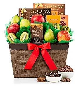 GiftTree Fresh Fruit & Godiva Congratulations Gift Basket | Includes Gourmet Chocolates and Confections from Godiva | Fresh Pears, Crisp Apples, Premium Kiwis in a Keepsake Container