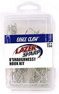 EAGLE CLAW Lazer Sharp O'SHAUGHNESSY Hook Assortment KIT, SEA Guard, Fishing Hooks for All Types of Fish, 100 Hooks, Sizes 4 to 5/0