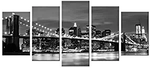 Wieco Art Brooklyn Bridge Night View 5 Panels Modern Landscape Artwork Canvas Prints Abstract Pictures Sensation to Photo Paintings on Canvas Wall Art for Home Decorations Wall Decor