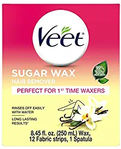 VEET Sugar Wax Hair Remover - Perfect for First Time Waxers - Contains 12 Fabric Strips & 1 Spatula with a Temperature Indicator