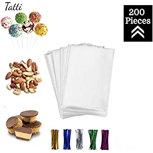 200 Pcs 3x4 Clear flat Cello/Cellophane Treat Bags for Gift Wrapping, Bakery, Cookie, Candies, Dessert, Party Favors Packaging, with color Twist Ties!