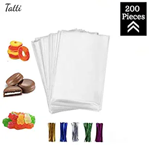 200 Pcs 4x6 Clear flat Cello/Cellophane Treat Bags for Gift Wrapping, Bakery, Cookie, Candies, Dessert, Party Favors Packaging, with color Twist Ties!
