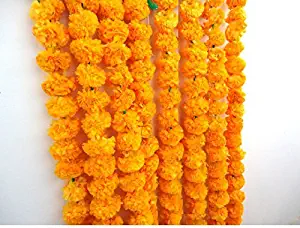 Craffair artificial marigold flower strings orange color, party backdrop, party decoration, Indian theme party decor, photo prop, wedding decorations, housewarming decoration, 5 strings of 5 feet long