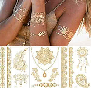 Tattoos Temporary Henna - 8 PCS | Gold Silver Women Metallic, Glitter Stickers for Body, Face, Flash Festivals Fake Tattoo