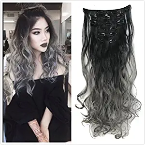 DYBST Natural Black to Dark Grey 2-tone Ombre Color Natural Wavy/Silky Straight Clip in Hair Extensions 7Pieces 24" for a Full Head … (Wavy)