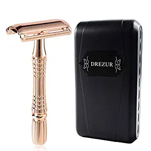 Rose Gold Double Edge Razor by DREZUR, Classic 3-Piece, Old Fashioned Safety Razor, Comes with 10 Premium Razor Blades + Travel Case, Elegant Chrome Plated, Gift For Men