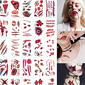 Temporary Scar Tattoos Stickers Realistic Fake Bloody Wound Scab Horror Body Face Decals Prank Props Makeup Masquerade Zombies Party Supplies Decor Fake Wounds for Halloween Cosplay