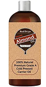 Real Drop Sweet Almond Oil - Cold Pressed - Hexane Free. Ideal for Face, Skin, Hair. Great as Massage Oil (16 oz)