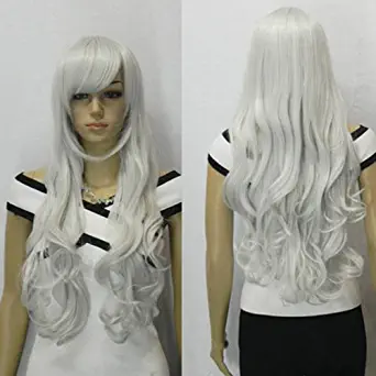 IMAGE 33 inch Silver White Curly Wig - Women Heat Resistant Long Head Wavy Hair Cosplay Wigs For Party Halloween