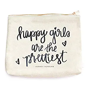 Happy Girls Are The Prettiest Audrey Hepburn Quote Cotton Canvas Makeup Bag | Inspirational Motivational Gift for Her Makeup Organizer Make Up Bag Canvas Toiletry Bag Cosmetic Bag Travel Accessories