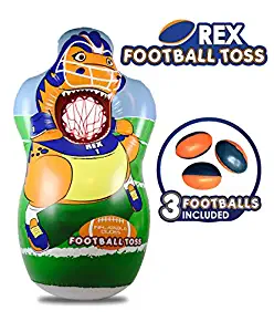 J&A's Inflatable Dudes T-Rex Dinosaur Football Toss Target Bag 5 FEET | 3 Footballs Included | Kids Punching Bag | Inflatable Toy Game- Base is Already Filled with Sand for Wind Resistance!