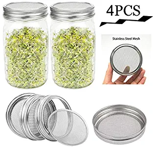 G.a HOMEFAVOR Sprouting Lids for Wide Mouth Mason Jars Stainless Steel Sprouting Kit Screen for Canning Jar Strainer Screen for Making Drainage Sprout Seeds, 4 Pack (Jar not Included)