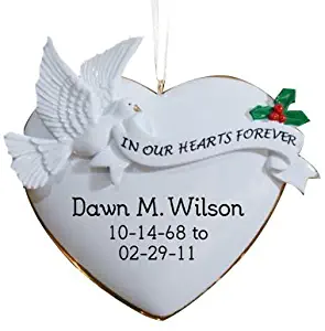 GiftsForYouNow Personalized in Our Hearts Forever Memorial Ornament, 4" x 3.75" - Heart Shaped Christmas Tree in Memory of Loved One Ornament with Ribbon Loop, Resin Construction, Remembrance Gift