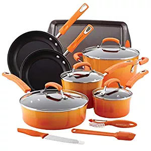 Rachael Ray Classic Brights Hard Enamel Nonstick 14-Piece Cookware Set, Orange Gradient