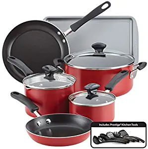 Farberware Cookstart Aluminum DiamondMax Nonstick Cookware Set, 15-Piece (Red)