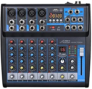 Audio2000'S AMX7322-Professional Six-Channel Audio Mixer with USB Interface, Bluetooth, and DSP Sound Effects (AMX7322)